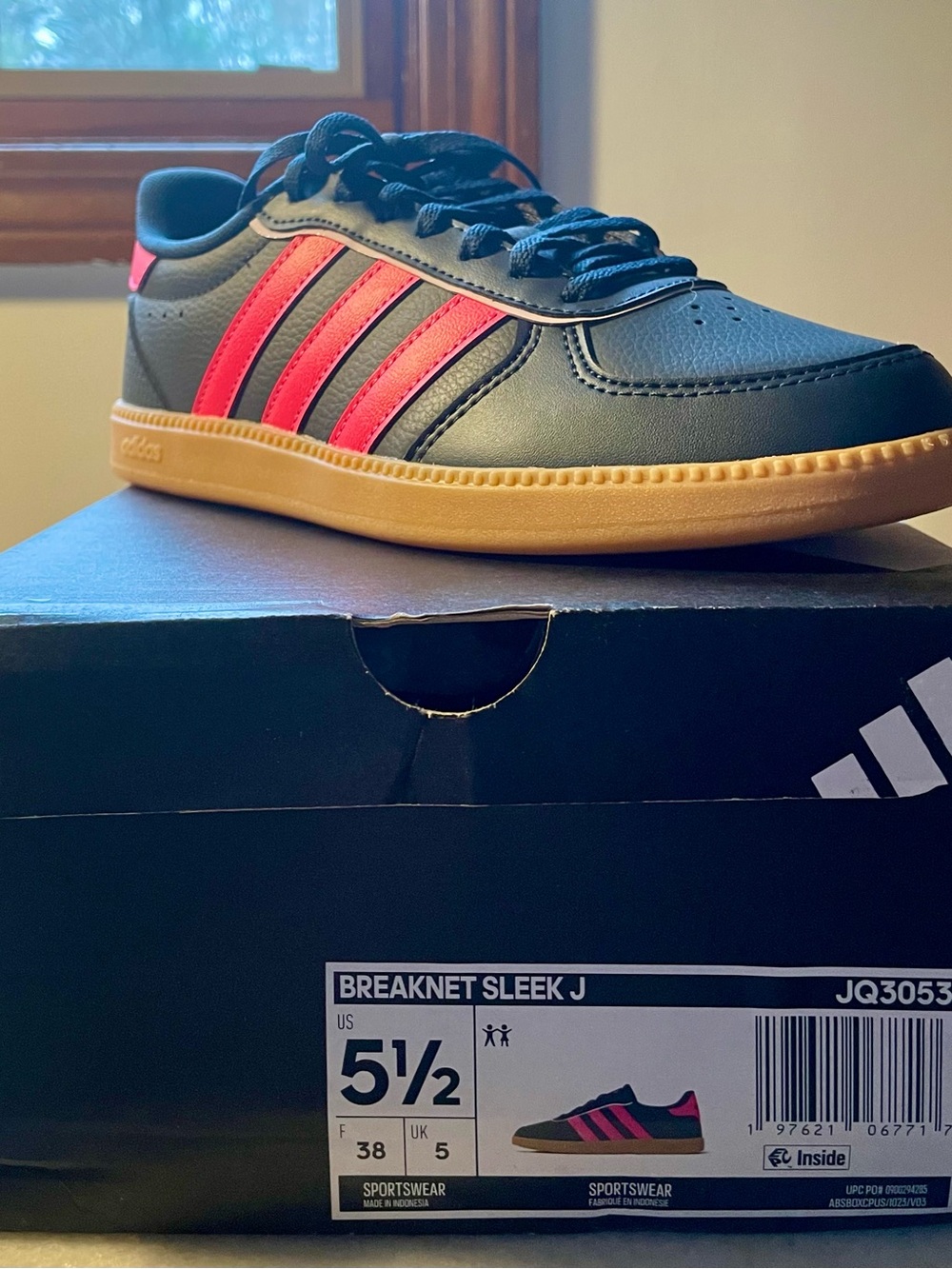 Adidas NEW in Box Black Sneakers with Pink Stripes and Gum Sole